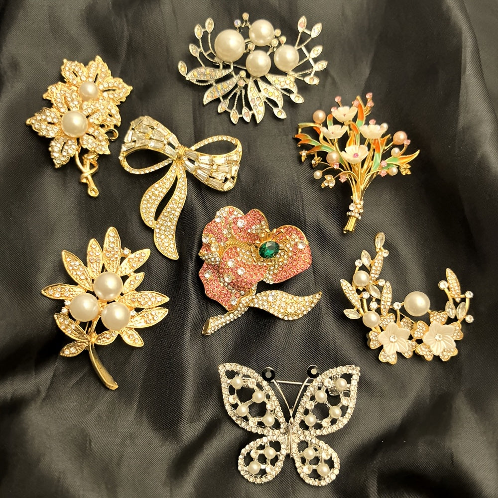 8pcs Flower Brooch Set - Multicolor Gemstone & Pearl Rhinestone Pins