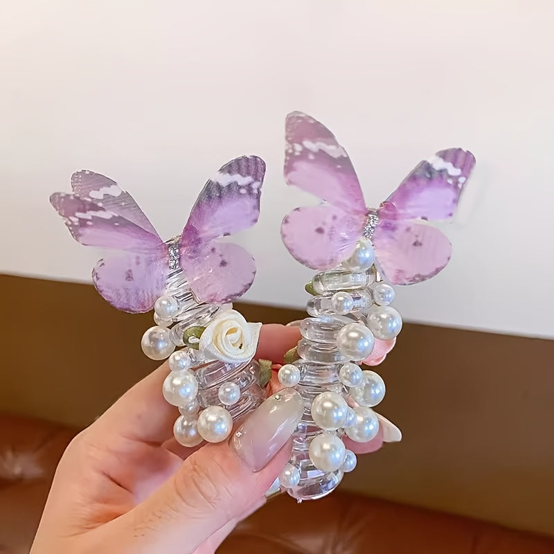 Butterfly Headbands 2pcs - Pearl & Floral Mesh Design for Girls