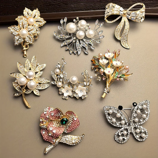 8pcs Flower Brooch Set - Multicolor Gemstone & Pearl Rhinestone Pins