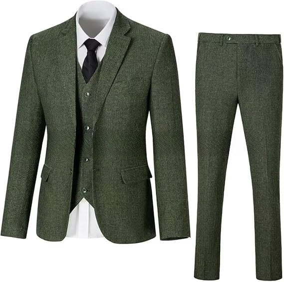Men's Herringbone Pattern Slim Three Pieces Work Suit - BOC-WEAR