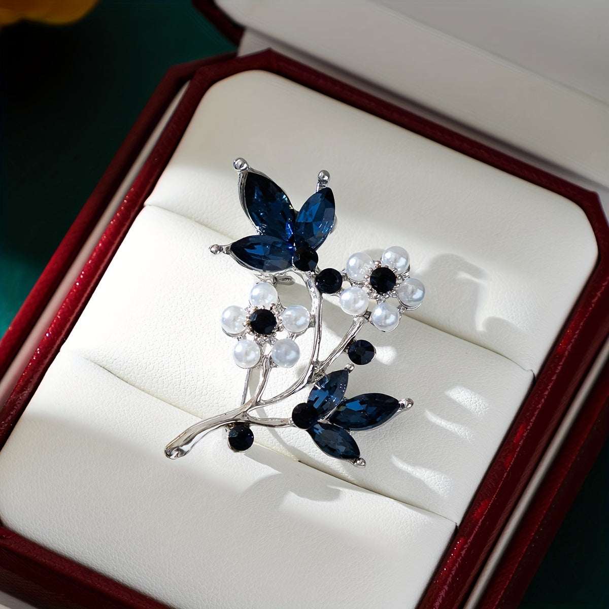 Elegant Leaf Brooch - Deep Blue Rhinestone KC Golden Plated Pin