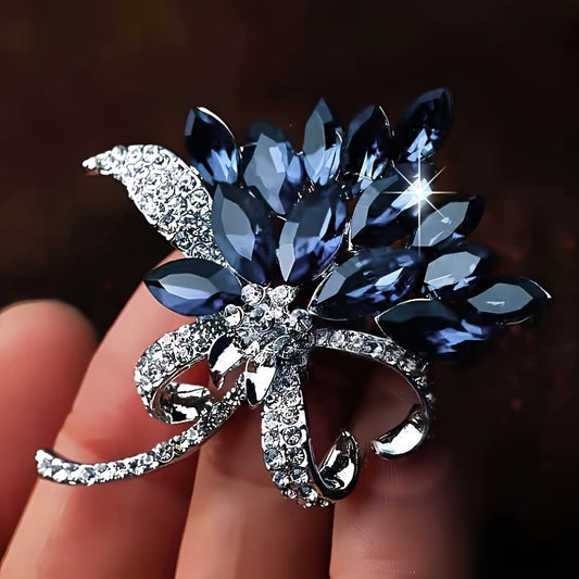 Blue Rhinestone Brooch - Vintage Floral Pin for Women, Statement Jewelry