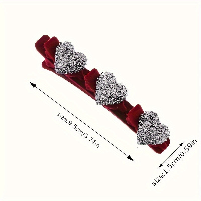 Red hair barrette with silver heart-shaped rhinestones and measurements on a white background
