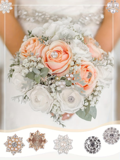 Bouquet of pink and white flowers with decorative elements held by a person, surrounded by snowflake and flower decorations.