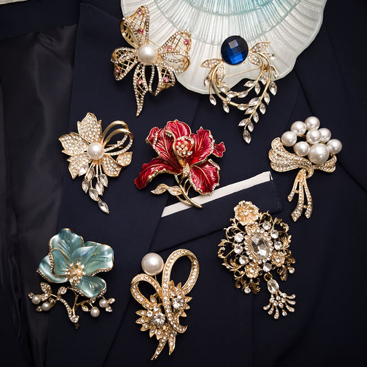 8pcs Vintage Wedding Brooches - Rhinestone Flower Pin Set for Bridal