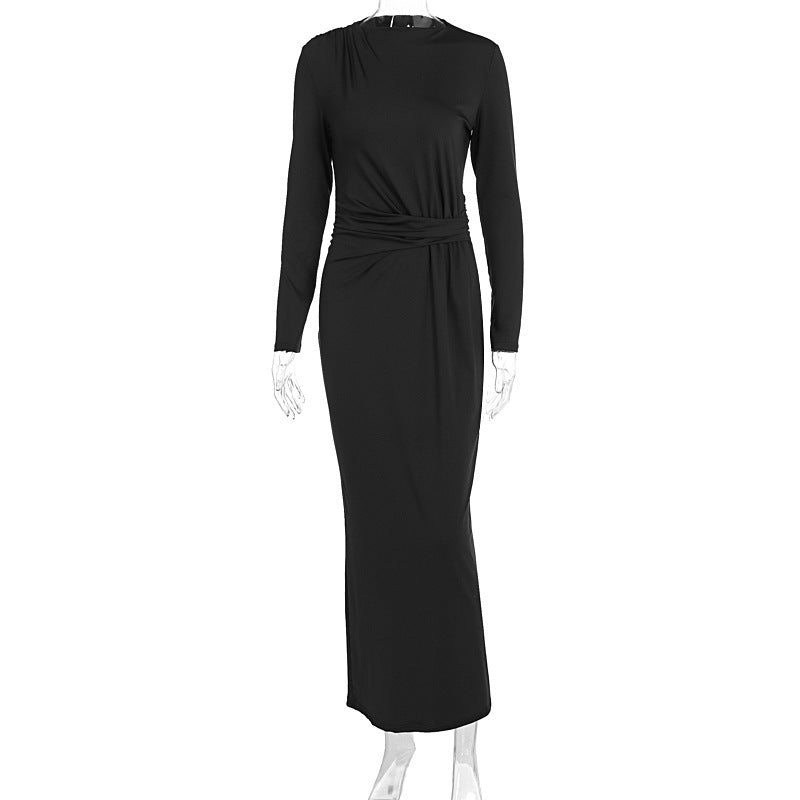 Long Sleeve Fitted Waist Pleated Slim-fit Long Dress