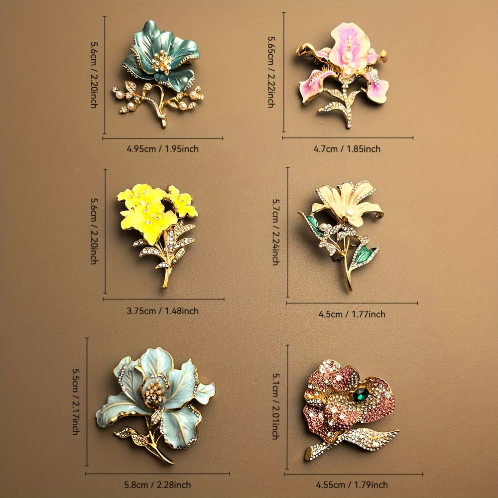 6pcs Rhinestone Flower Brooch Set - KC Golden Plated Pin Collection