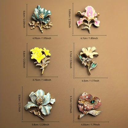 6pcs Rhinestone Flower Brooch Set - KC Golden Plated Pin Collection
